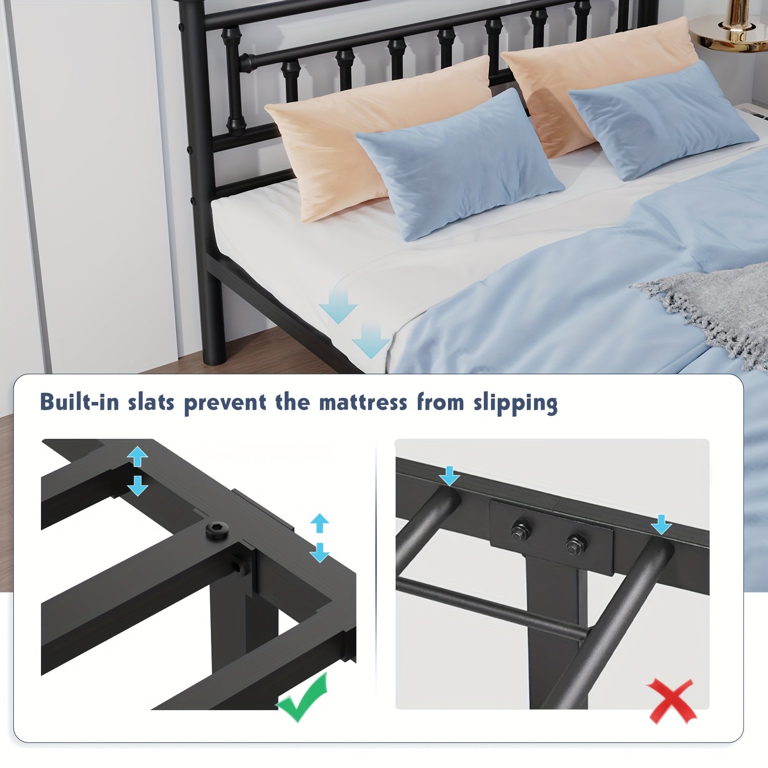 Bed Frame with Easy Assembly, 32cm, 272kg, Metal, Vintage Metal in Black Single, Double - product gallery image 5