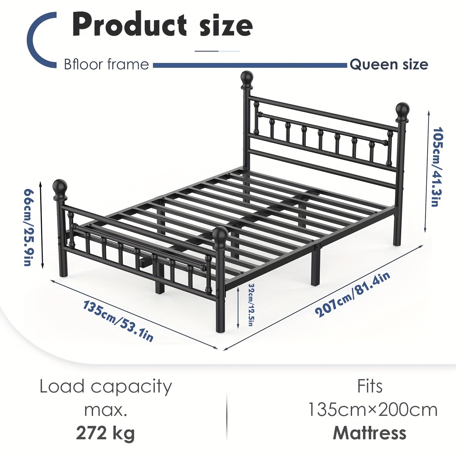 Bed Frame with Easy Assembly, 32cm, 272kg, Metal, Vintage Metal in Black Single, Double - Double:135*190*105cm option