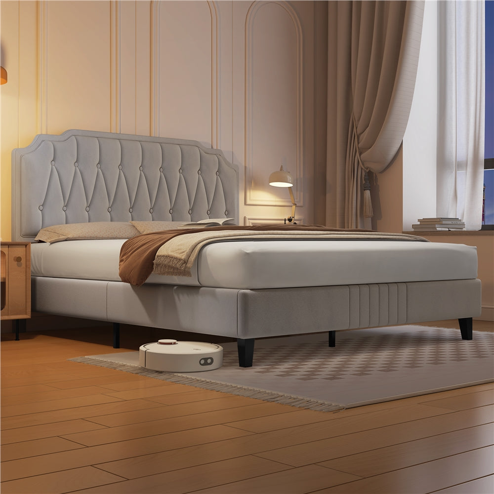 Bed Frame with Easy Assembly, Wood, Upholstered Double King Button-Tufted Velvet - Beige, Double(4ft6) option