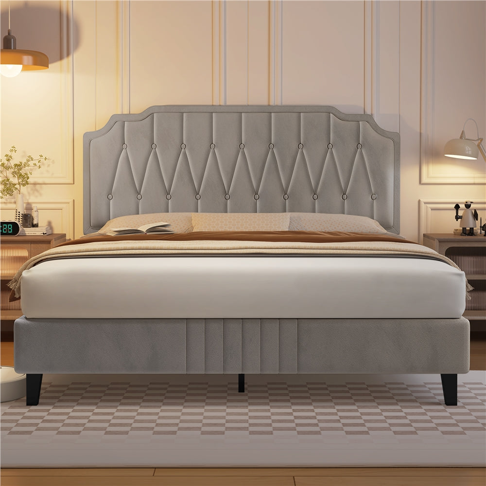 Bed Frame with Easy Assembly, Wood, Upholstered Double King Button-Tufted Velvet - Beige, King(5ft) option