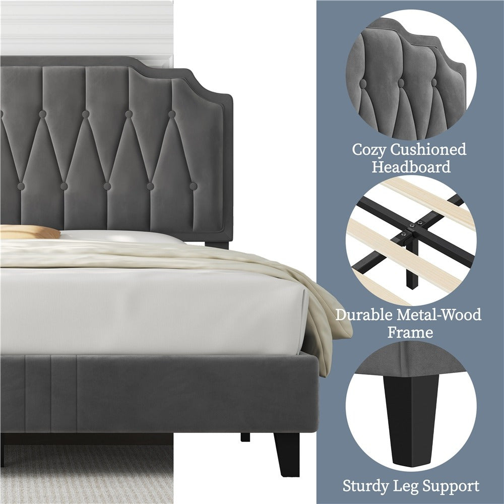 Bed Frame with Easy Assembly, Wood, Upholstered Double King Button-Tufted Velvet - product gallery image 15