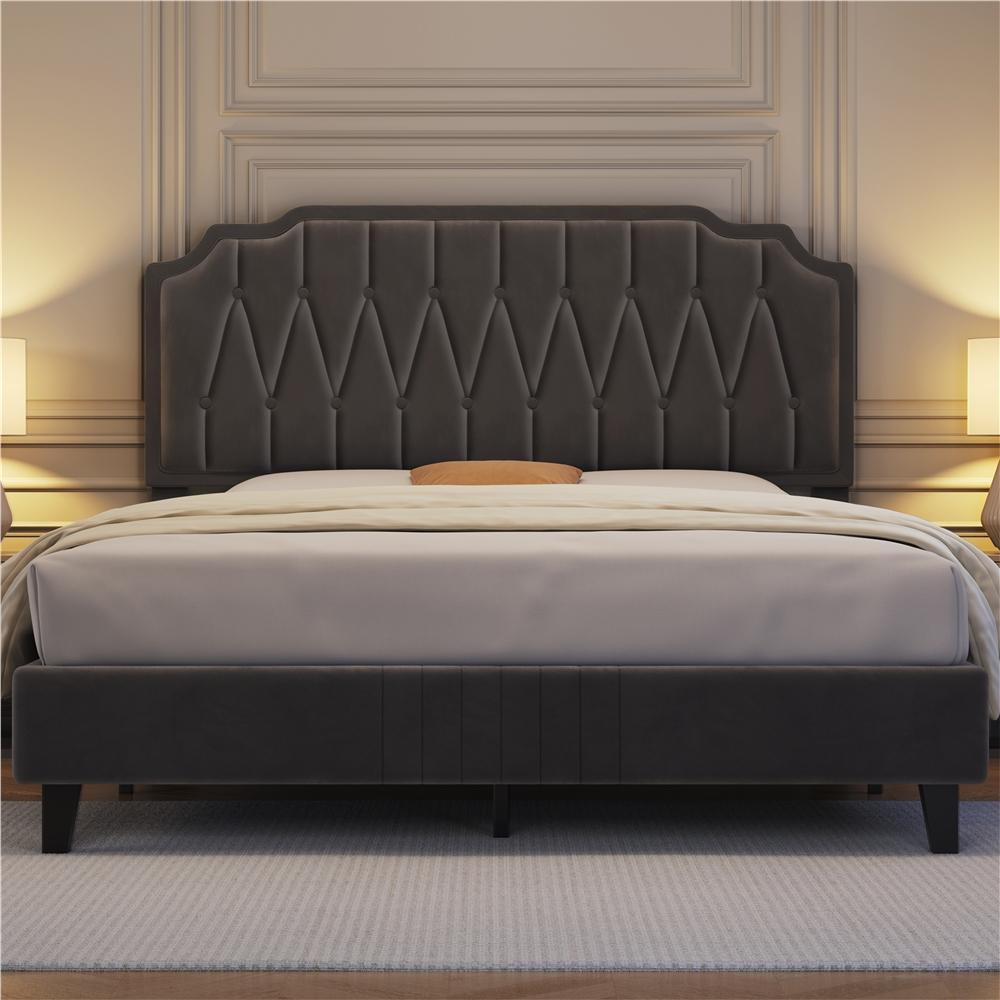 Bed Frame with Easy Assembly, Wood, Upholstered Double King Button-Tufted Velvet - product gallery image 2