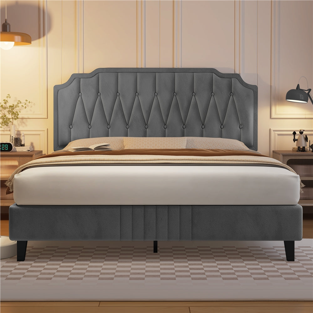 Bed Frame with Easy Assembly, Wood, Upholstered Double King Button-Tufted Velvet - Light Grey, King(5ft) option