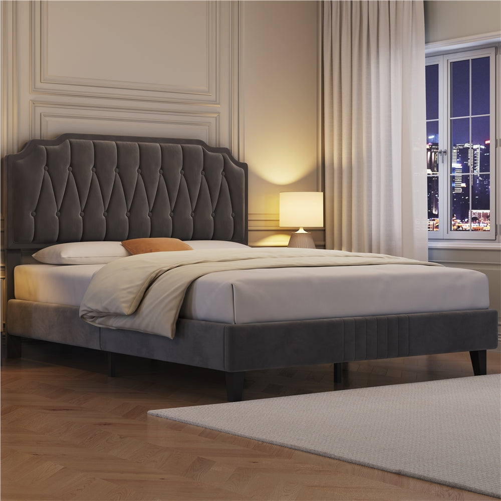 Bed Frame with Easy Assembly, Wood, Upholstered Double King Button-Tufted Velvet