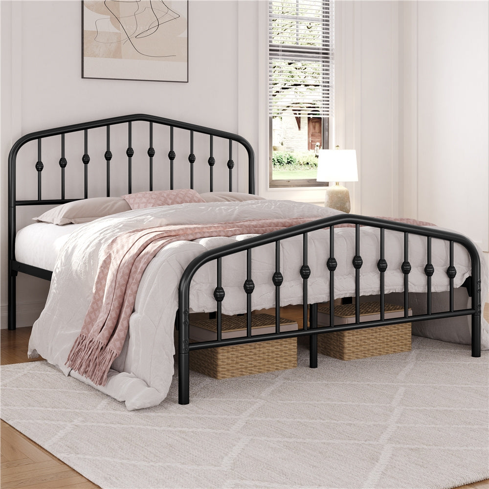 Bed Frame with Metal Crown-Inspired Arched Headboard - Black, King option
