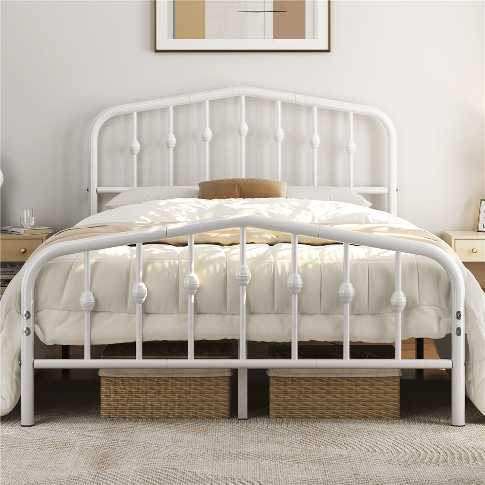 Bed Frame with Metal Crown-Inspired Arched Headboard - White, Double option
