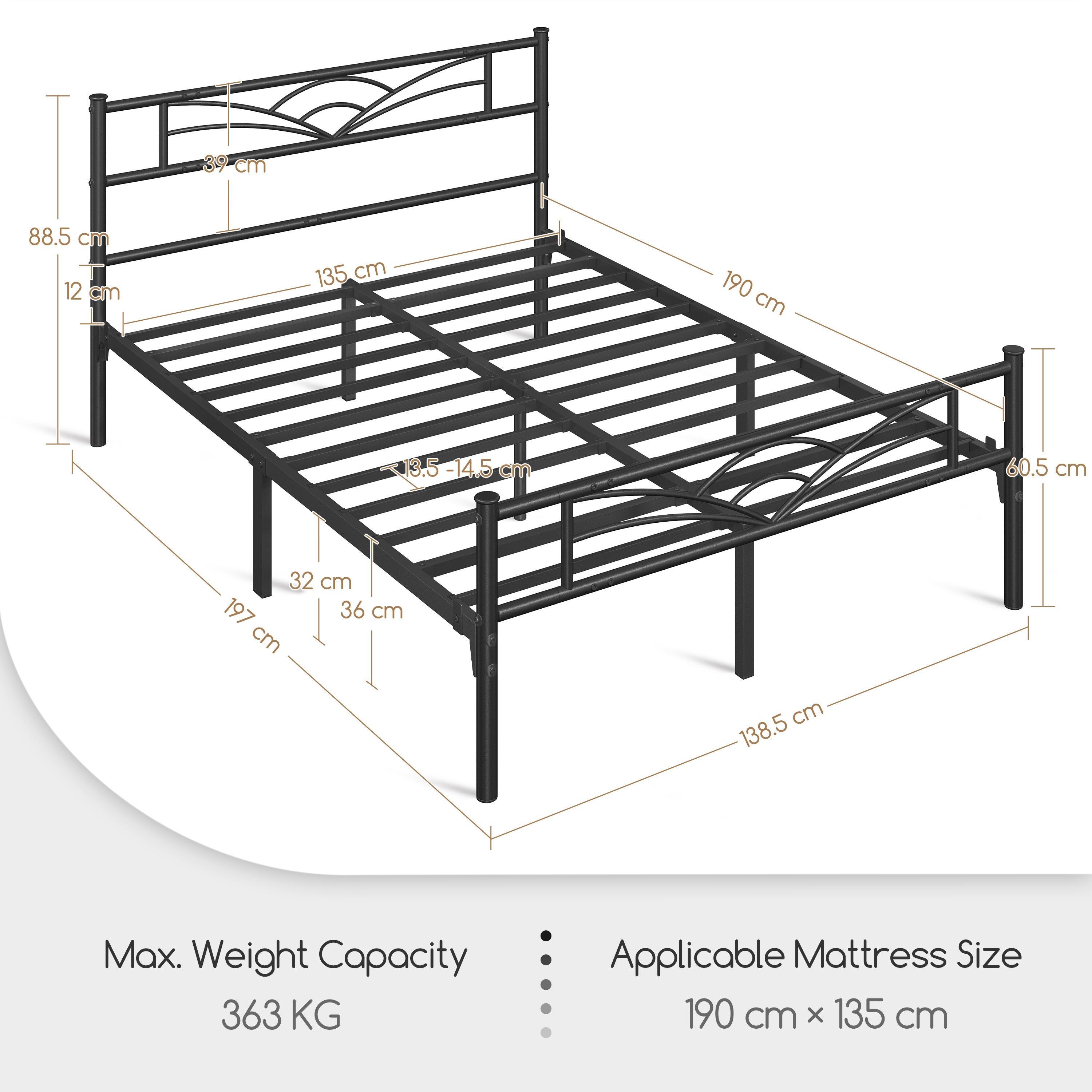 Bed Frame with Metal, Double, Metal Cloud Design Headboard Footboard - product gallery image 6