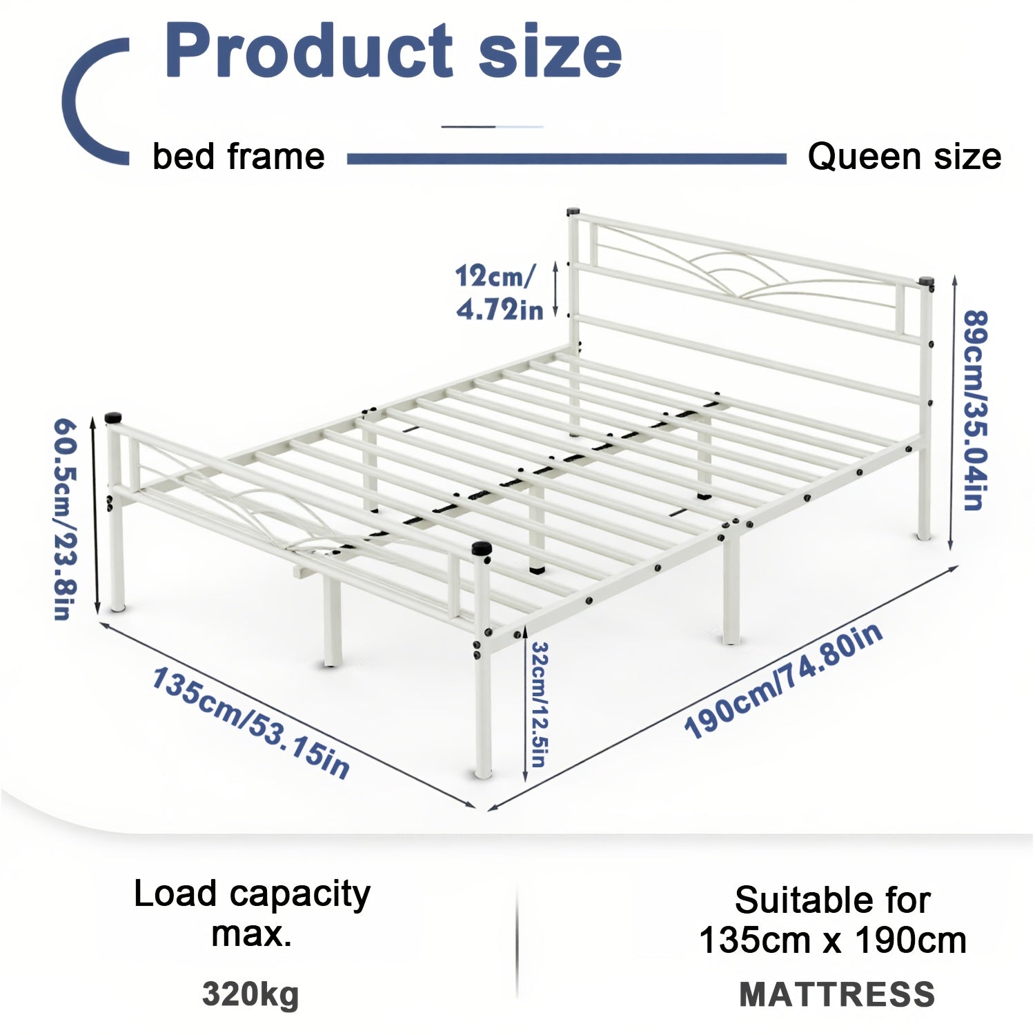 Bed Frame with Non-Slip, Easy Assembly, Metal for bedrooms - White-Double option