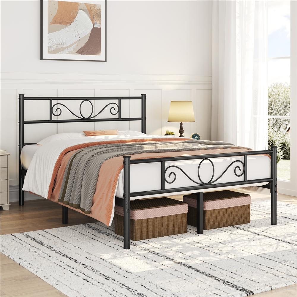 Bed Frame with Non-Slip, Easy Assembly, Metal, Scroll Headboard Metal Under-Bed Storage - Black, Double 4ft6 option