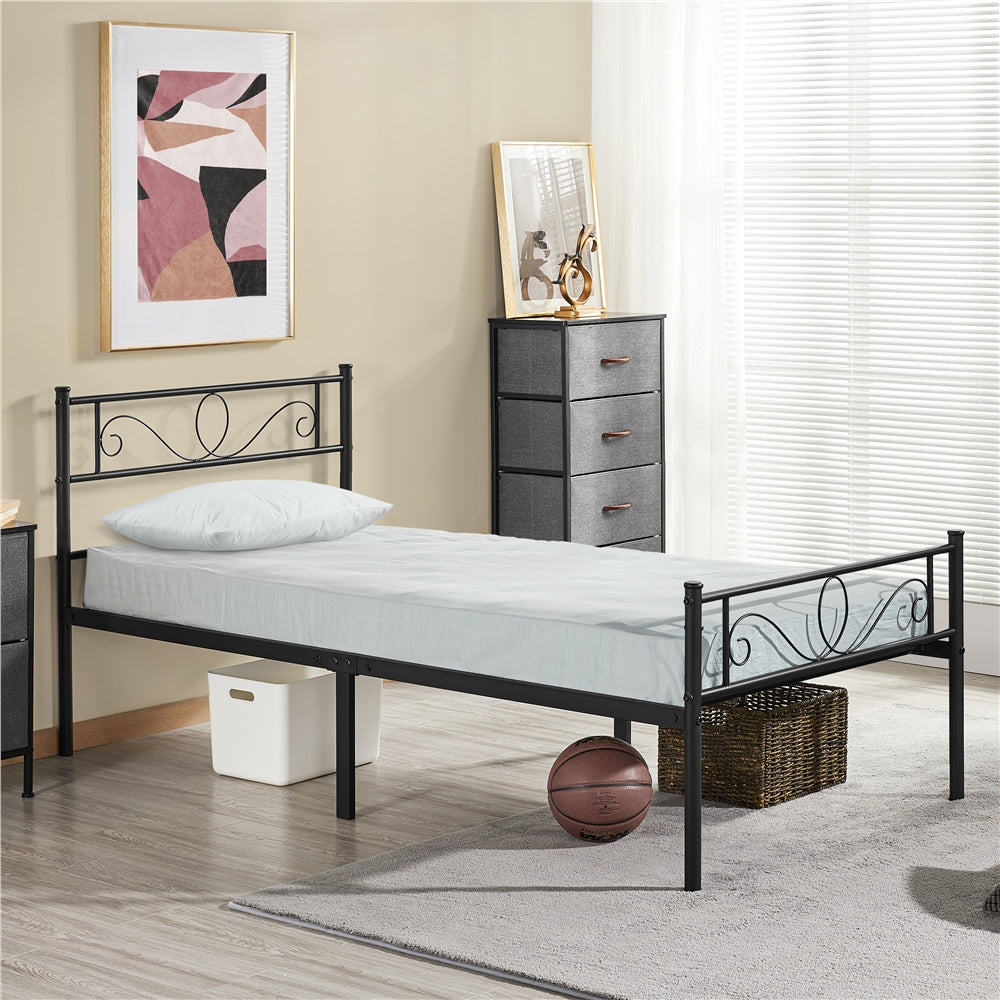 Bed Frame with Non-Slip, Easy Assembly, Metal, Scroll Headboard Metal Under-Bed Storage