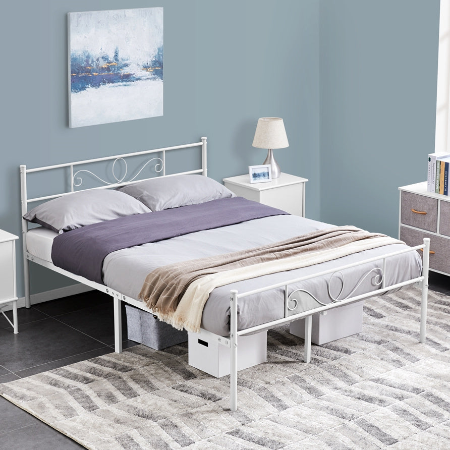 Bed Frame with Non-Slip, Easy Assembly, Metal, Scroll Headboard Metal Under-Bed Storage - White, King 5ft option
