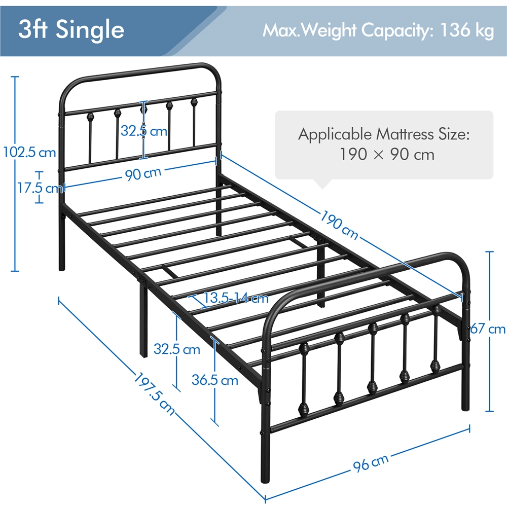 Bed Frame with Non-Slip, Metal, 5ft King, Vintage Iron Metal High Headboard Footboard - product gallery image 7