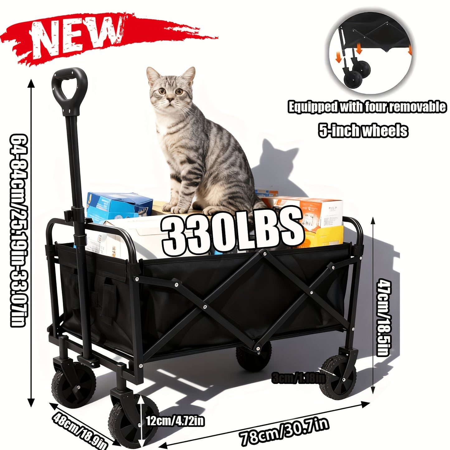 1pc Large Capacity Campervan for 149.69KG with Drinks Pocket, Heavy Duty Utility Wagon, All Terrain Trolley for Groceries Outdoor Beach Gardening Shopping Pet Outings Fishing
