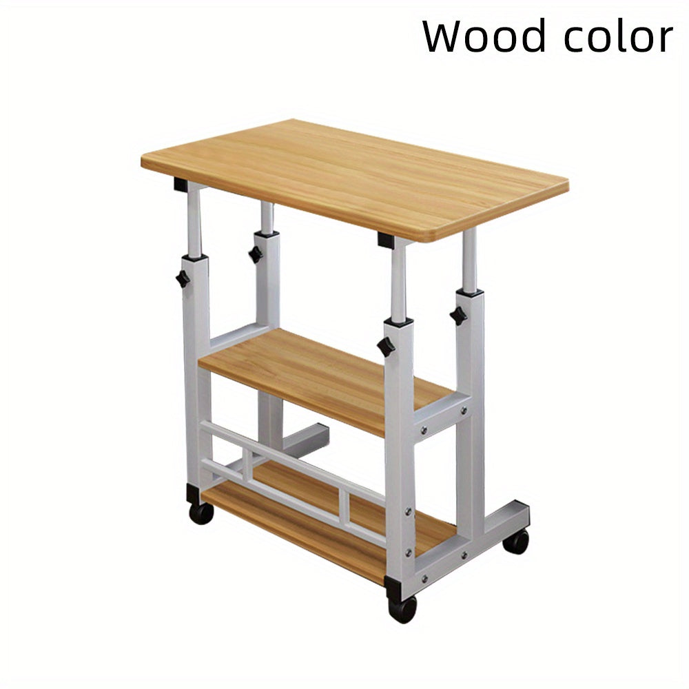 Bedside Table with Adjustable Height, Wheels, Metal - Wood Color option