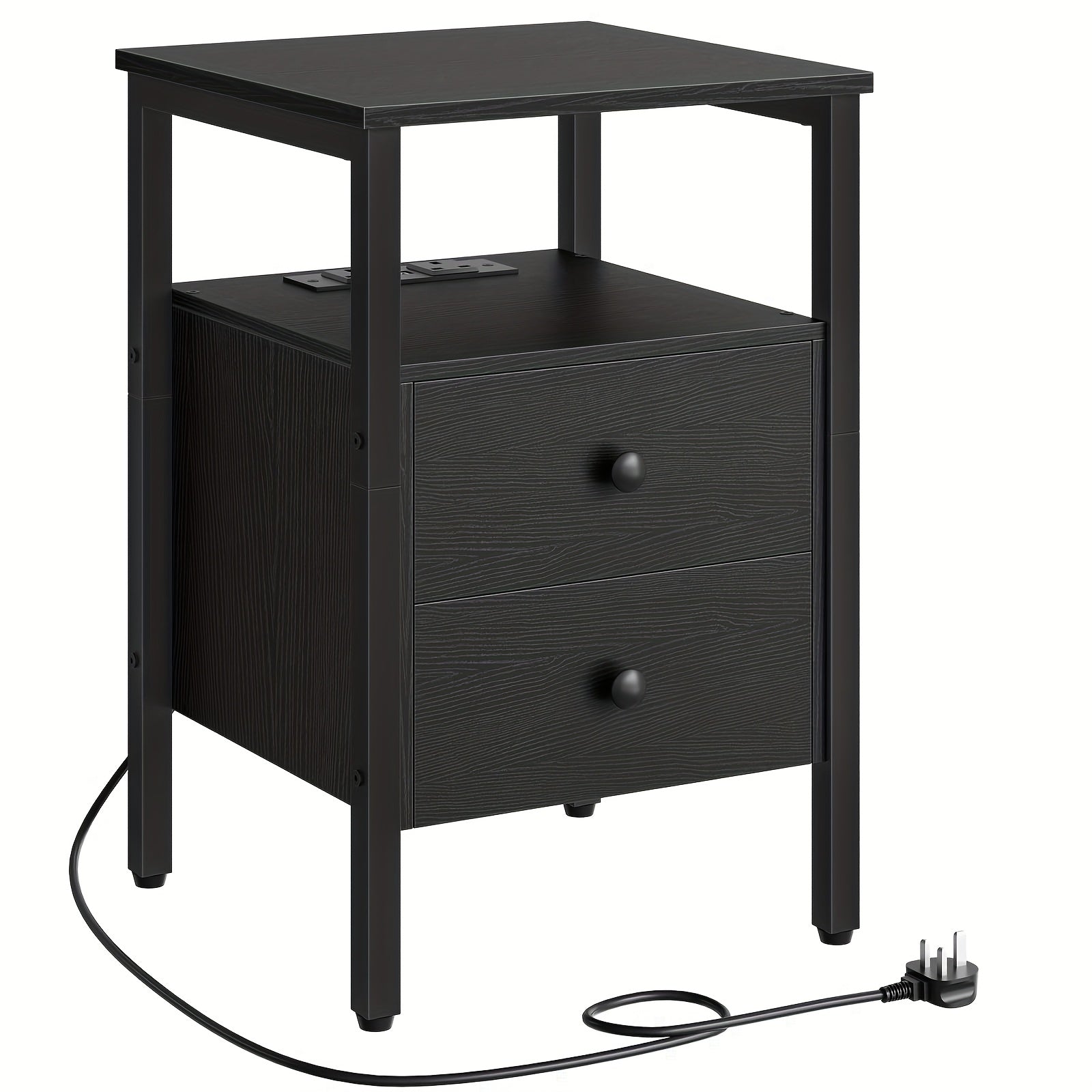 Bedside Table with Black Side Charging Station End Drawers - Black option