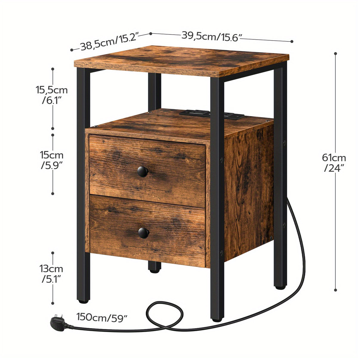 Bedside Table with Black Side Charging Station End Drawers - product gallery image 3