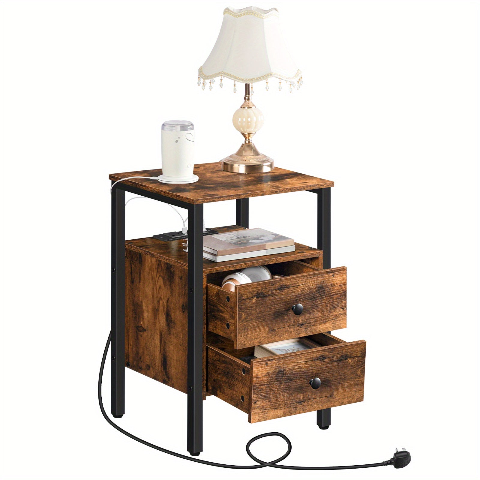 Bedside Table with Black Side Charging Station End Drawers - product gallery image 6