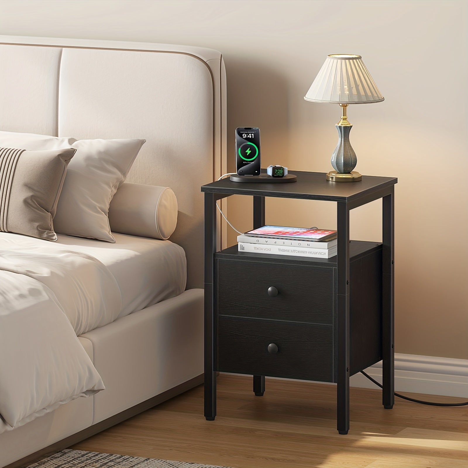 Bedside Table with Black Side Charging Station End Drawers - product gallery image 7
