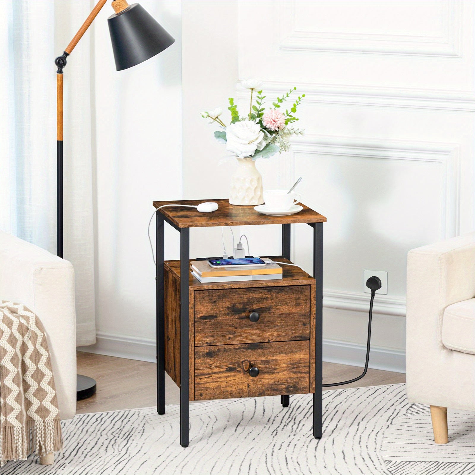 Bedside Table with Black Side Charging Station End Drawers - product gallery image 8