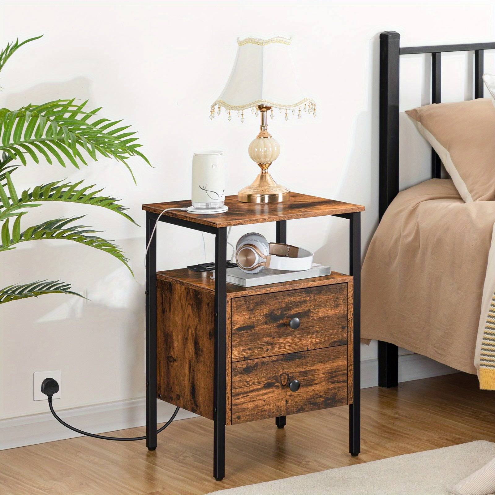 Bedside Table with Black Side Charging Station End Drawers