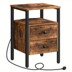 Bedside Table with Black Side Charging Station End Drawers - Rustic Brown option