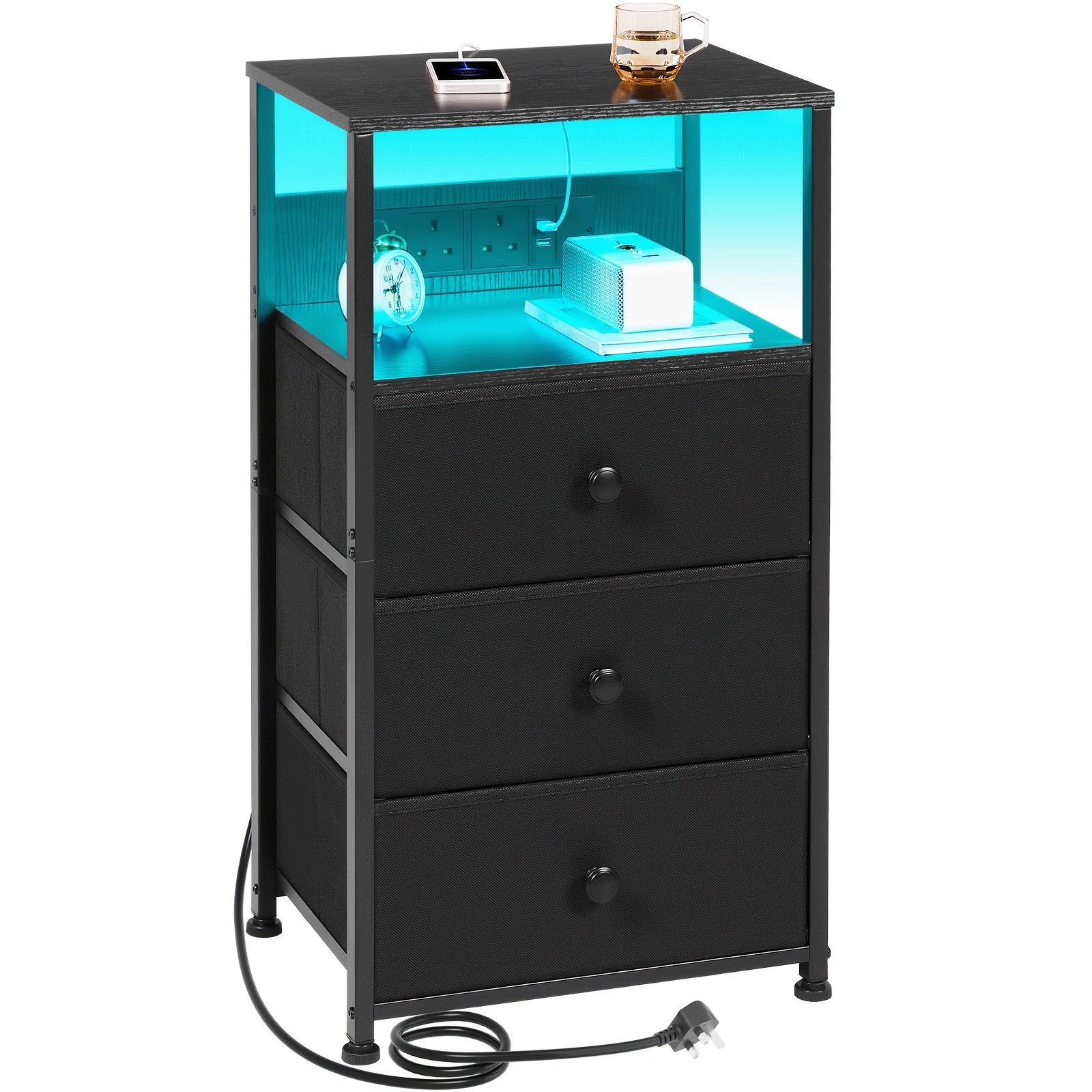 Bedside Table with Charging Station LED Light Nightstand Fabric - Black option