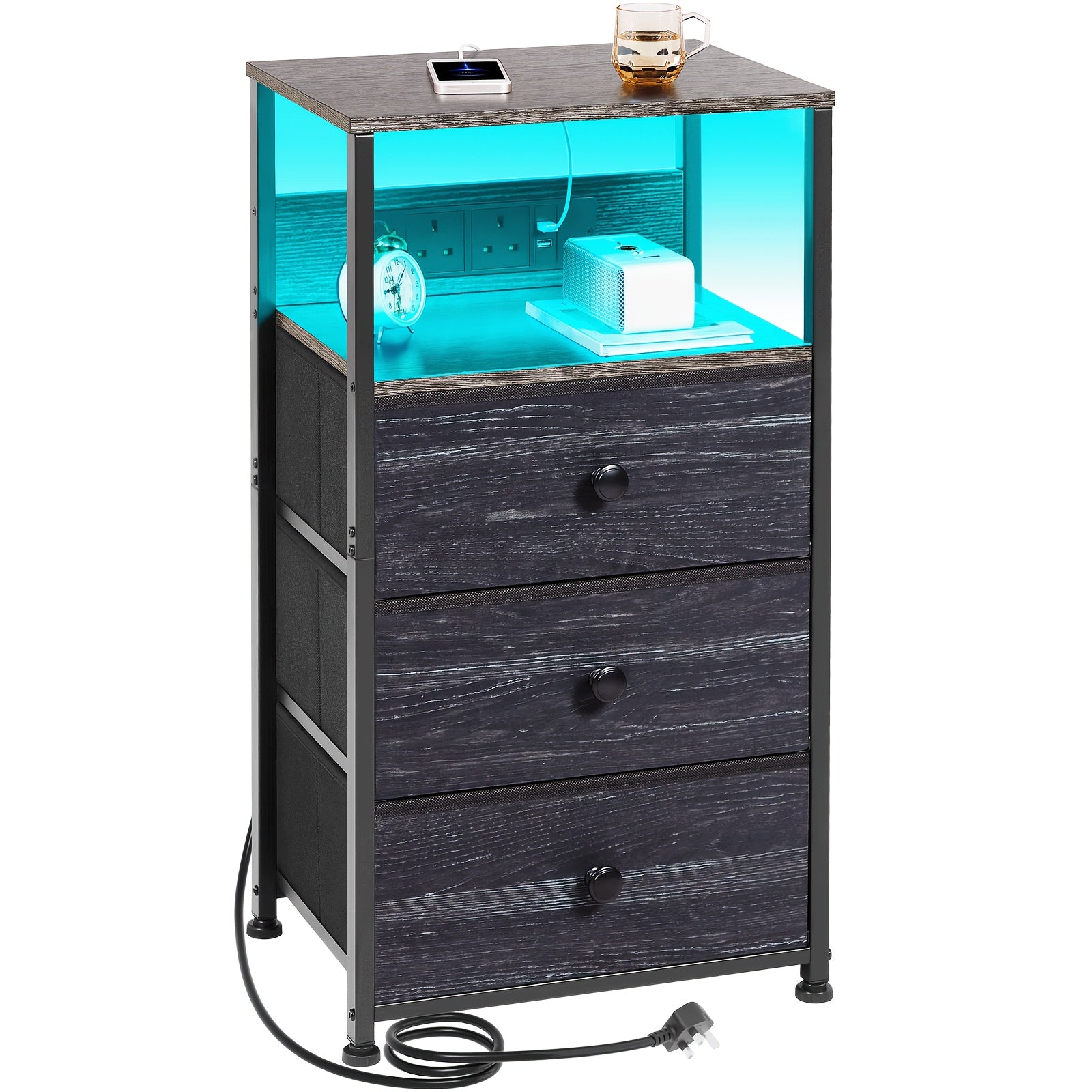Bedside Table with Charging Station LED Light Nightstand Fabric - Dark Gray option