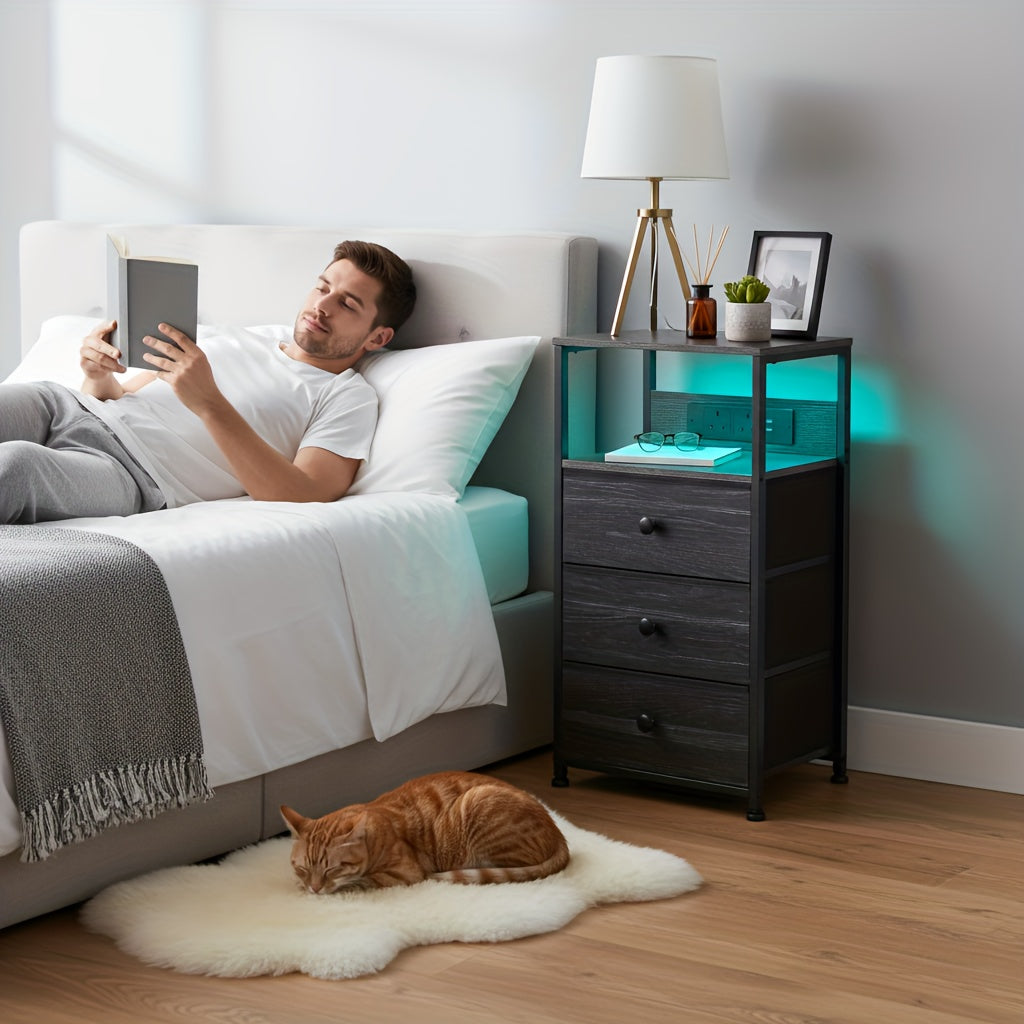 Bedside Table with Charging Station LED Light Nightstand Fabric - product gallery image 5