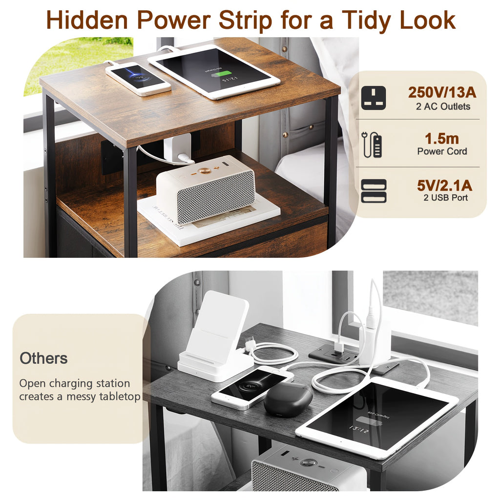 Bedside Table with Charging Station LED Light Nightstand Fabric - product gallery image 7