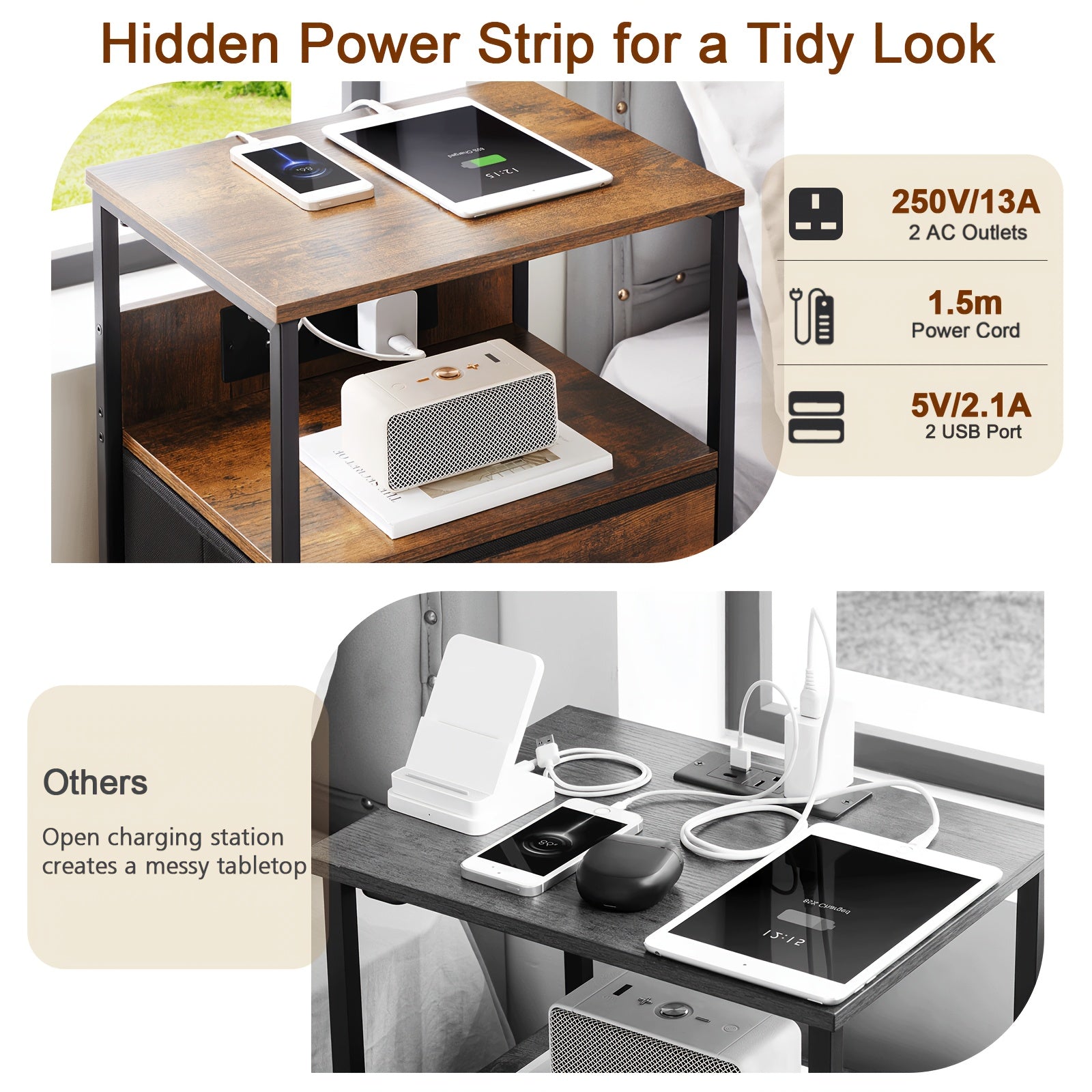 Bedside Table with Charging Station LED Light Nightstand Fabric - product gallery image 7