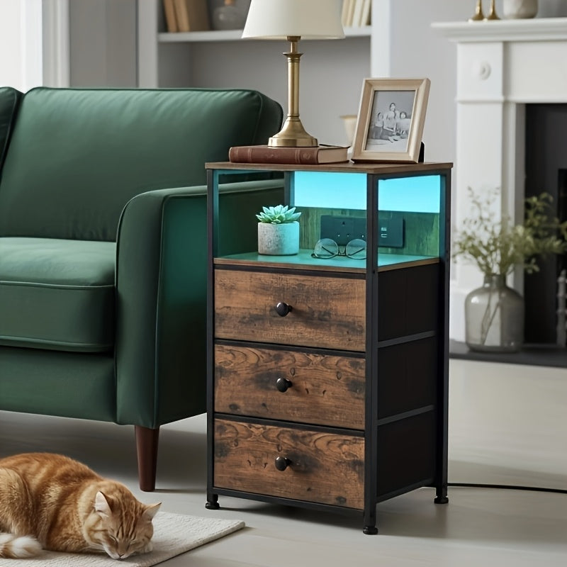 Bedside Table with Charging Station LED Light Nightstand Fabric