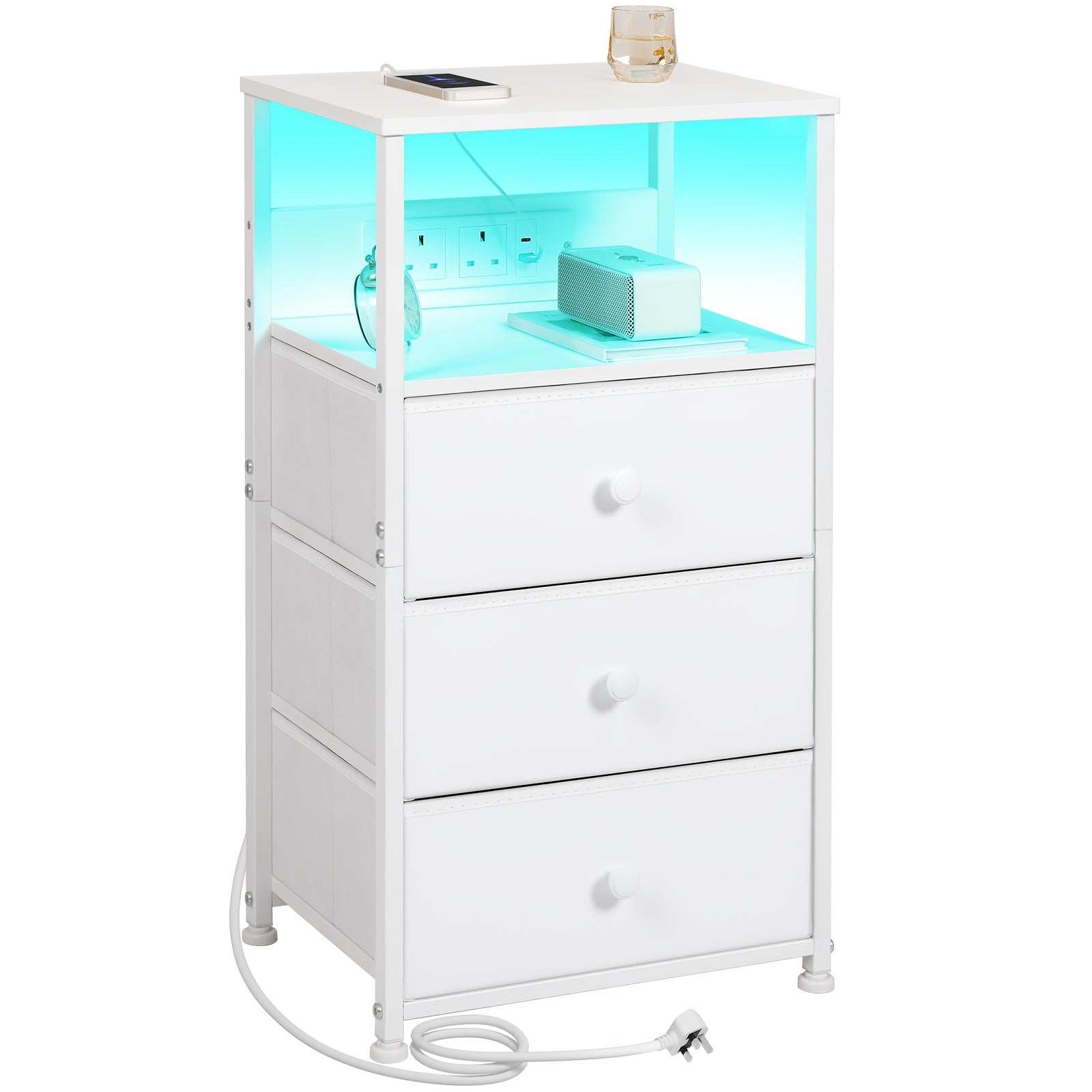 Bedside Table with Charging Station LED Light Nightstand Fabric - White option
