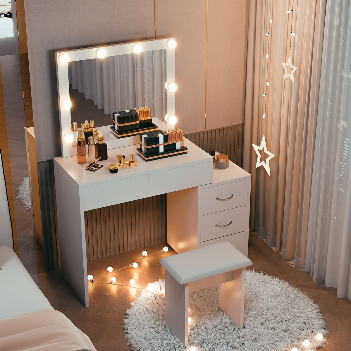Bedside Table with Dressing LED Hollywood Mirror Vanity Makeup