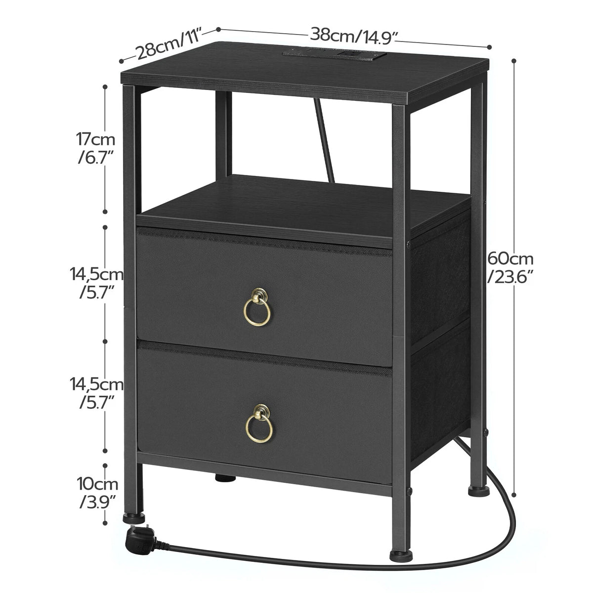 Bedside Table with Easy Assembly, Charging Station, USB Ports Power Outlet - Black option