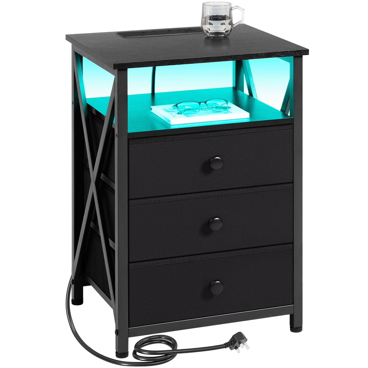 Bedside Table with Easy Assembly, Nightstand LED Light Charging Station USB - Black + LED Light - 1pc option