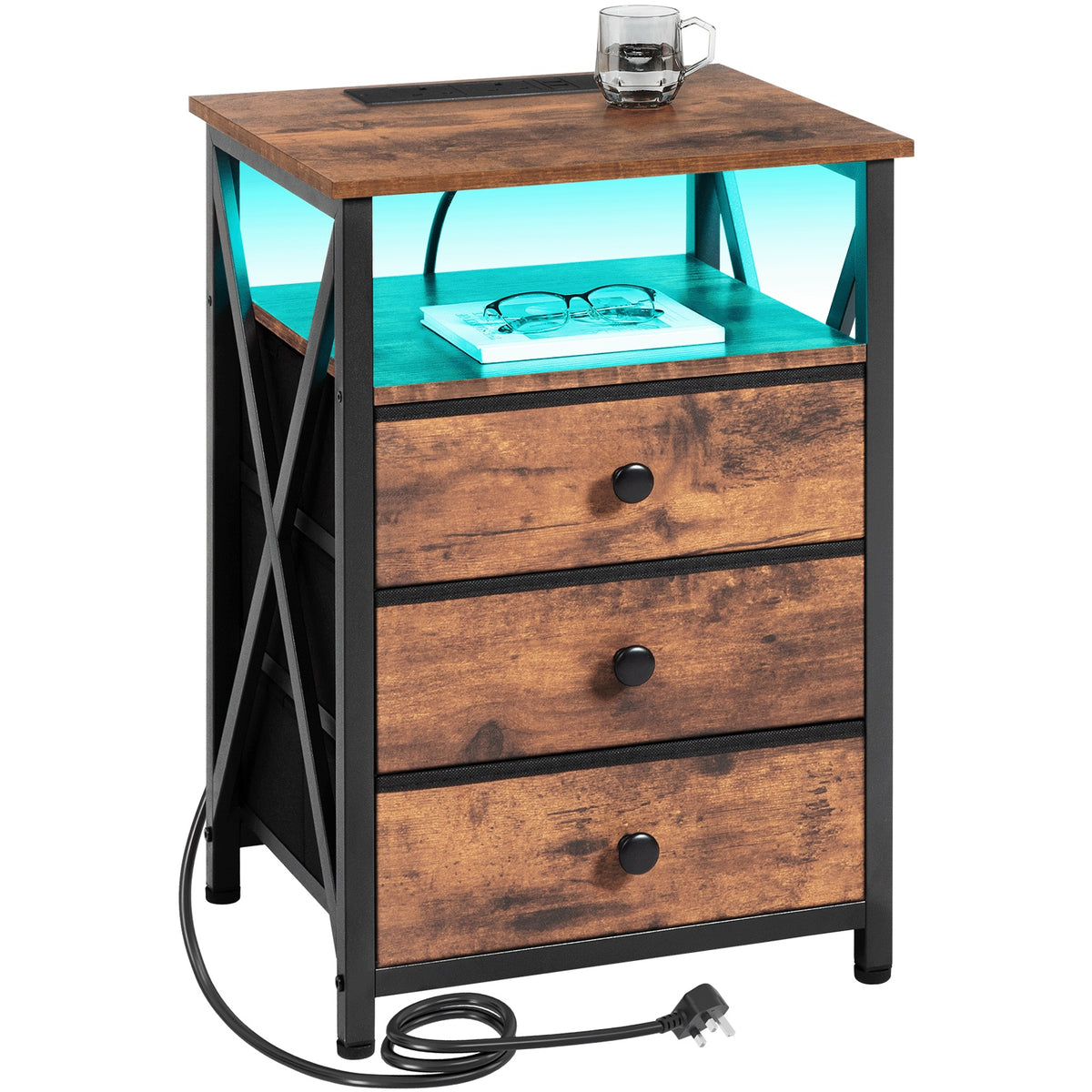 Bedside Table with Easy Assembly, Nightstand LED Light Charging Station USB - Brown + LED Light - 1pc option