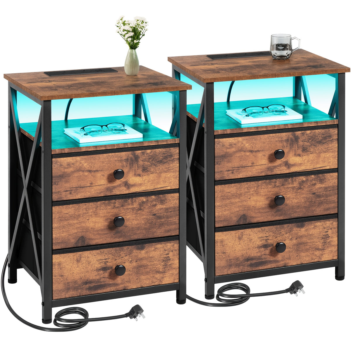 Bedside Table with Easy Assembly, Nightstand LED Light Charging Station USB - Brown + LED Light - 2pcs option