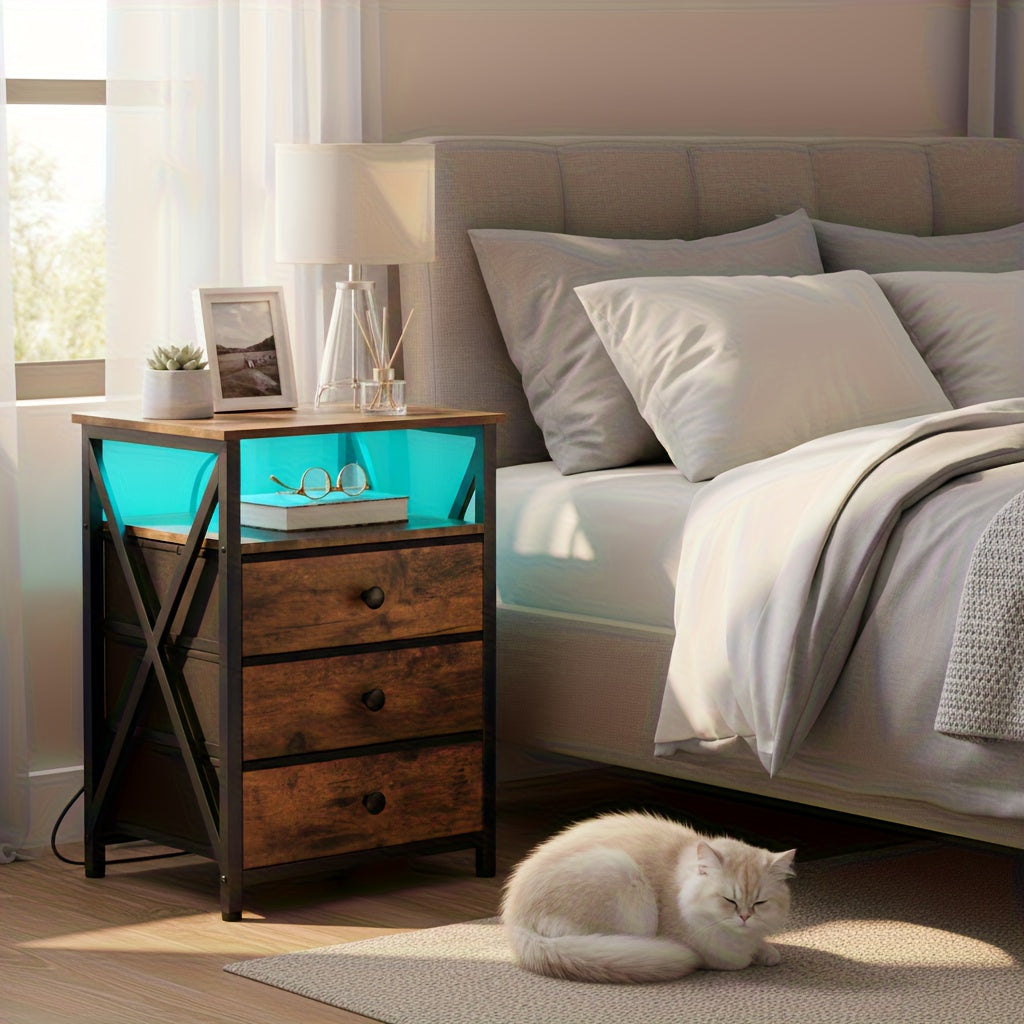 Bedside Table with Easy Assembly, Nightstand LED Light Charging Station USB - product gallery image 2