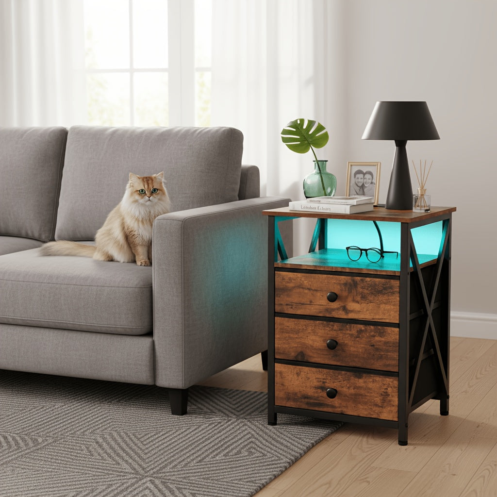 Bedside Table with Easy Assembly, Nightstand LED Light Charging Station USB