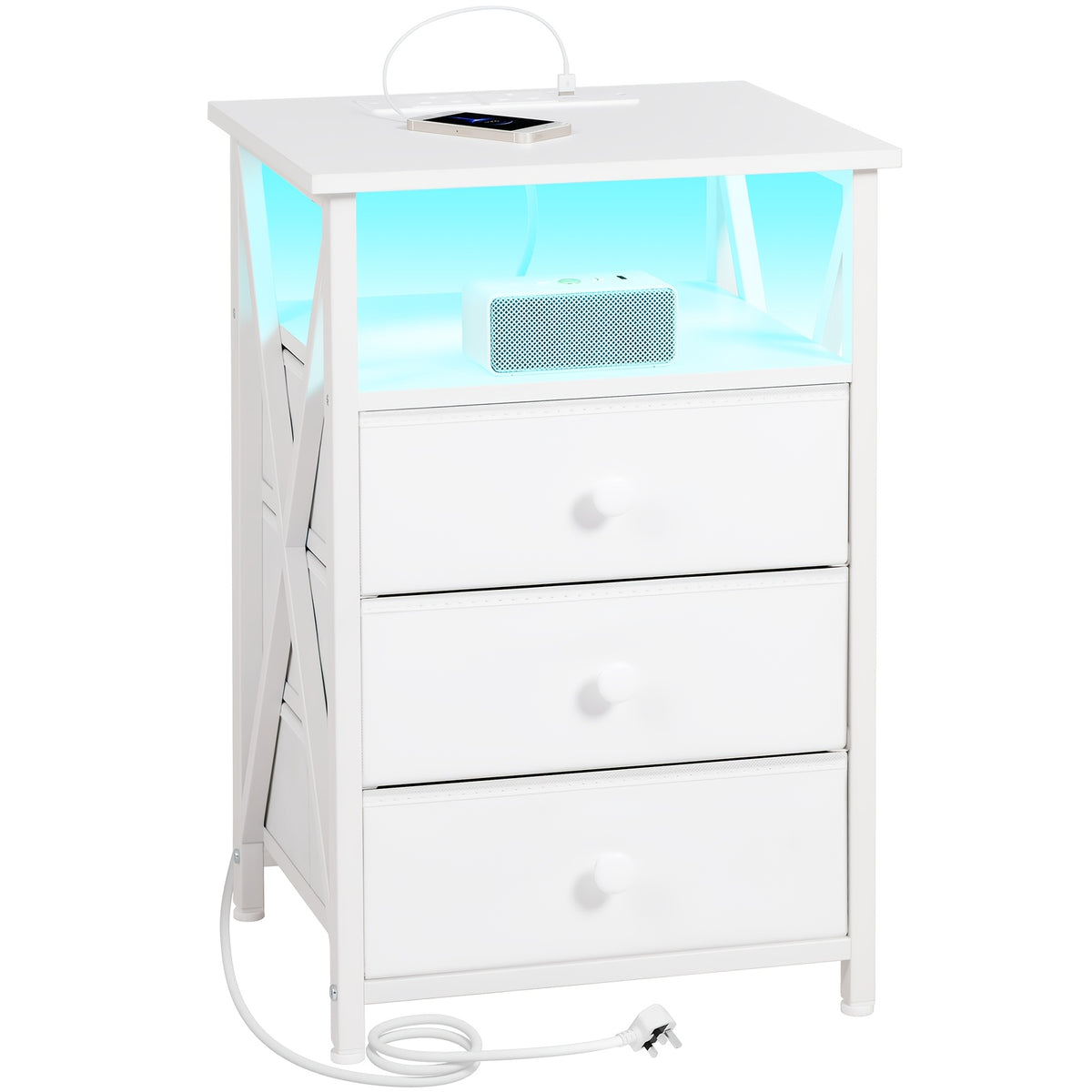 Bedside Table with Easy Assembly, Nightstand LED Light Charging Station USB - White + LED Light - 1pc option