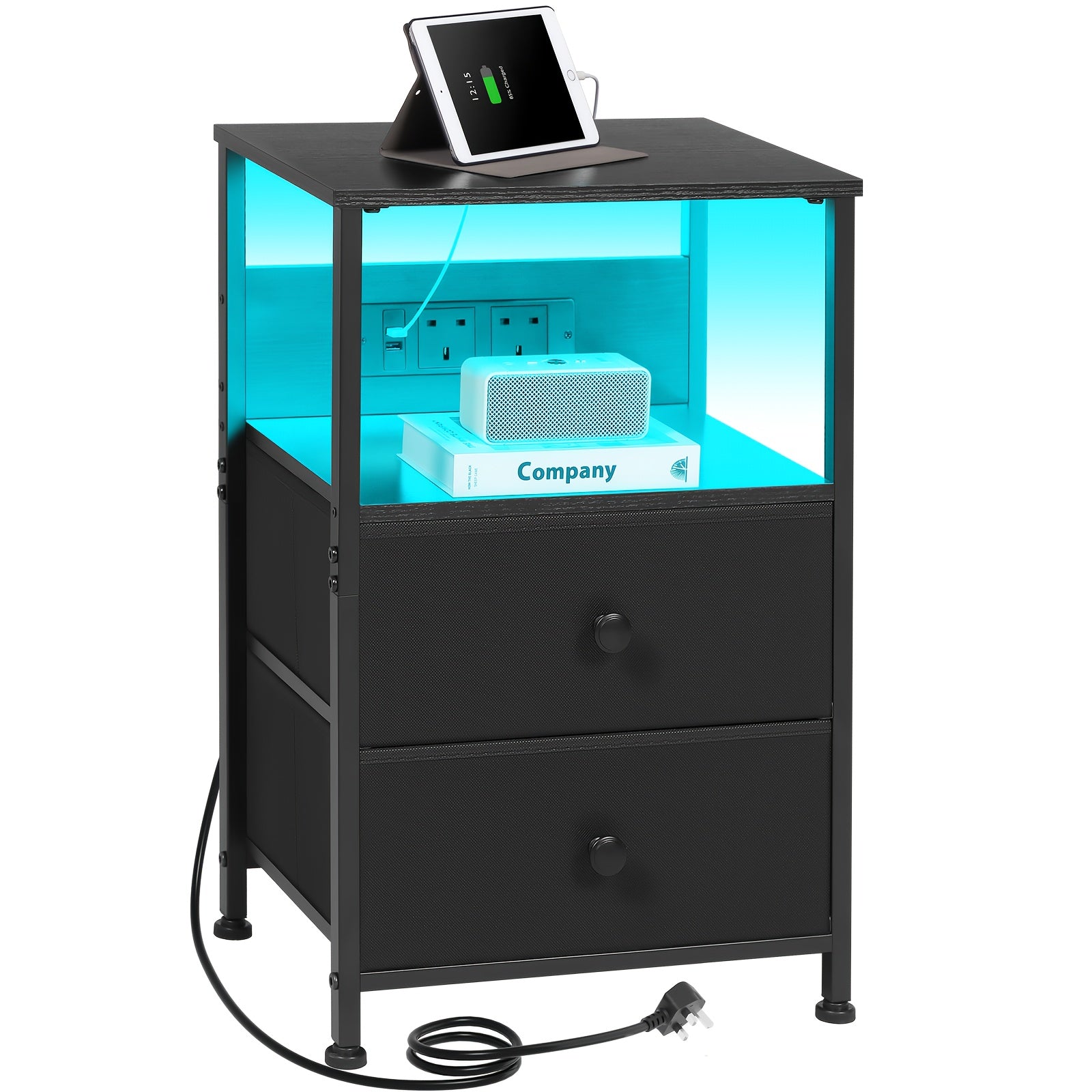 Bedside Table with Easy Assembly, Wood, LED Lighting Charging Station, Fabric Drawers - Black-1pc option