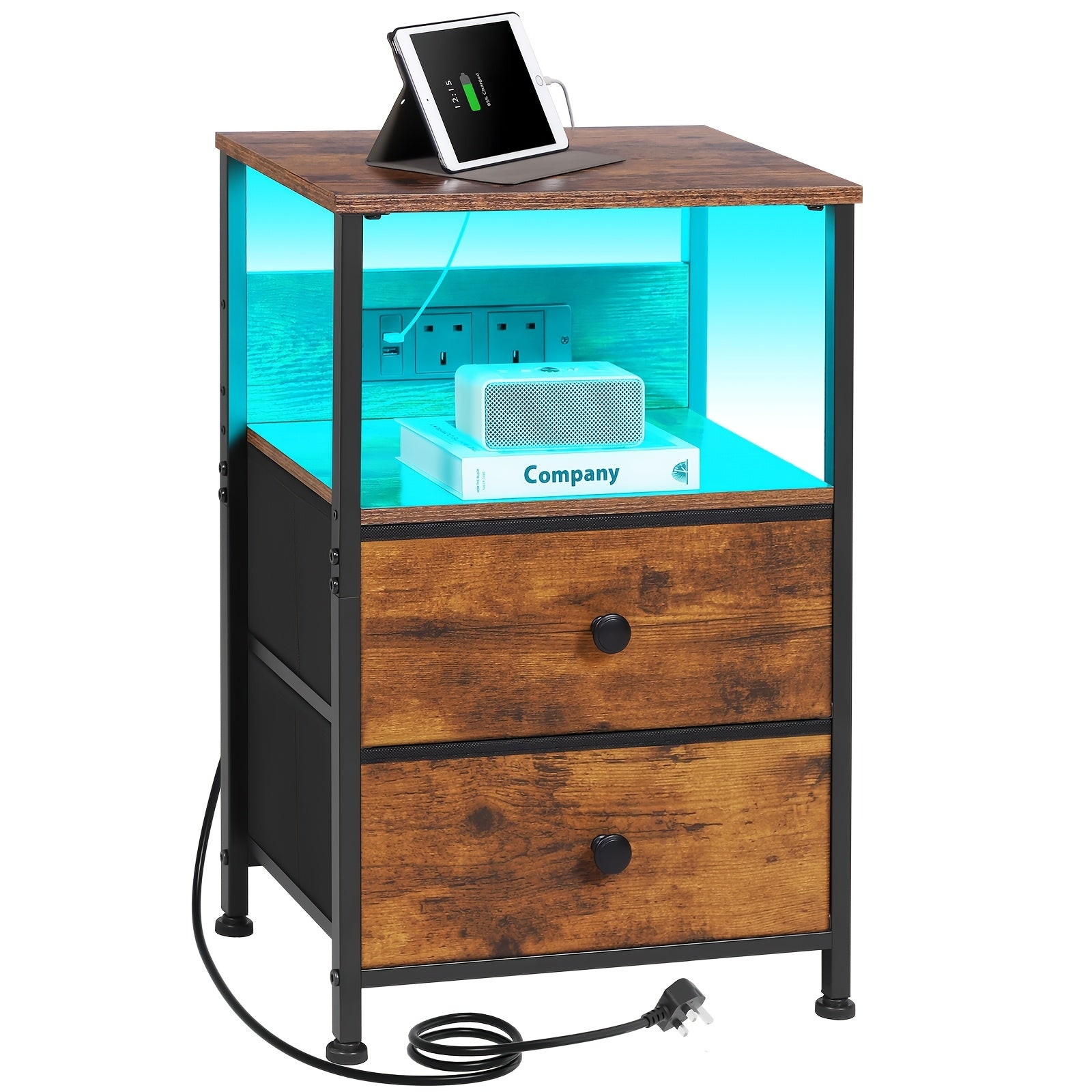 Bedside Table with Easy Assembly, Wood, LED Lighting Charging Station, Fabric Drawers - Brown-1pc option