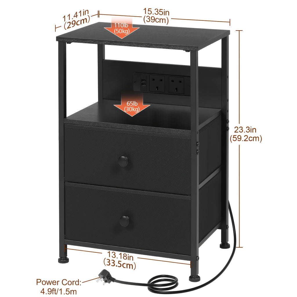 Bedside Table with Easy Assembly, Wood, LED Lighting Charging Station, Fabric Drawers - product gallery image 3