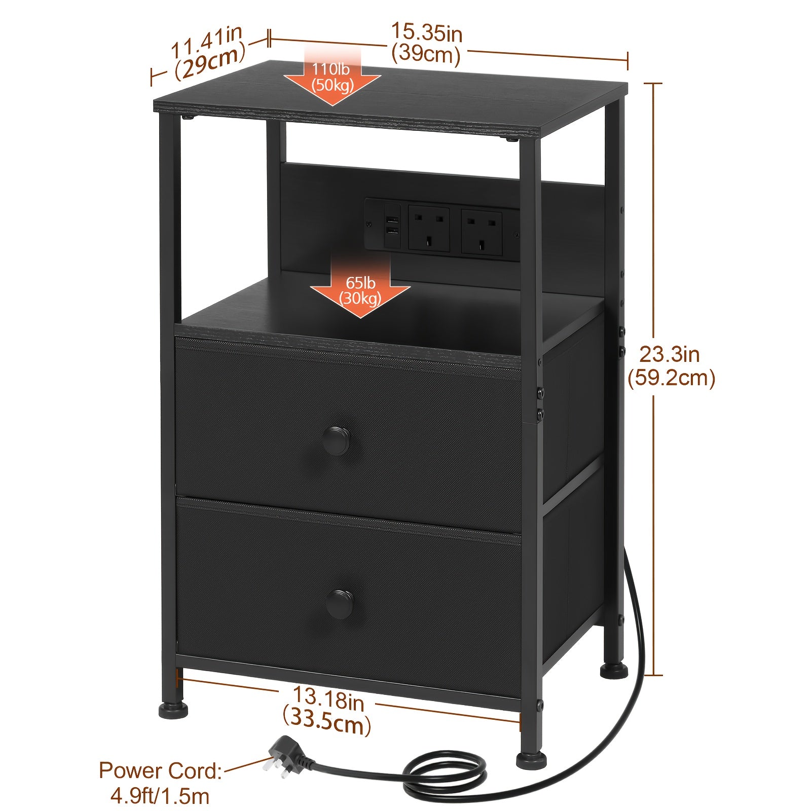 Bedside Table with Easy Assembly, Wood, LED Lighting Charging Station, Fabric Drawers - product gallery image 3