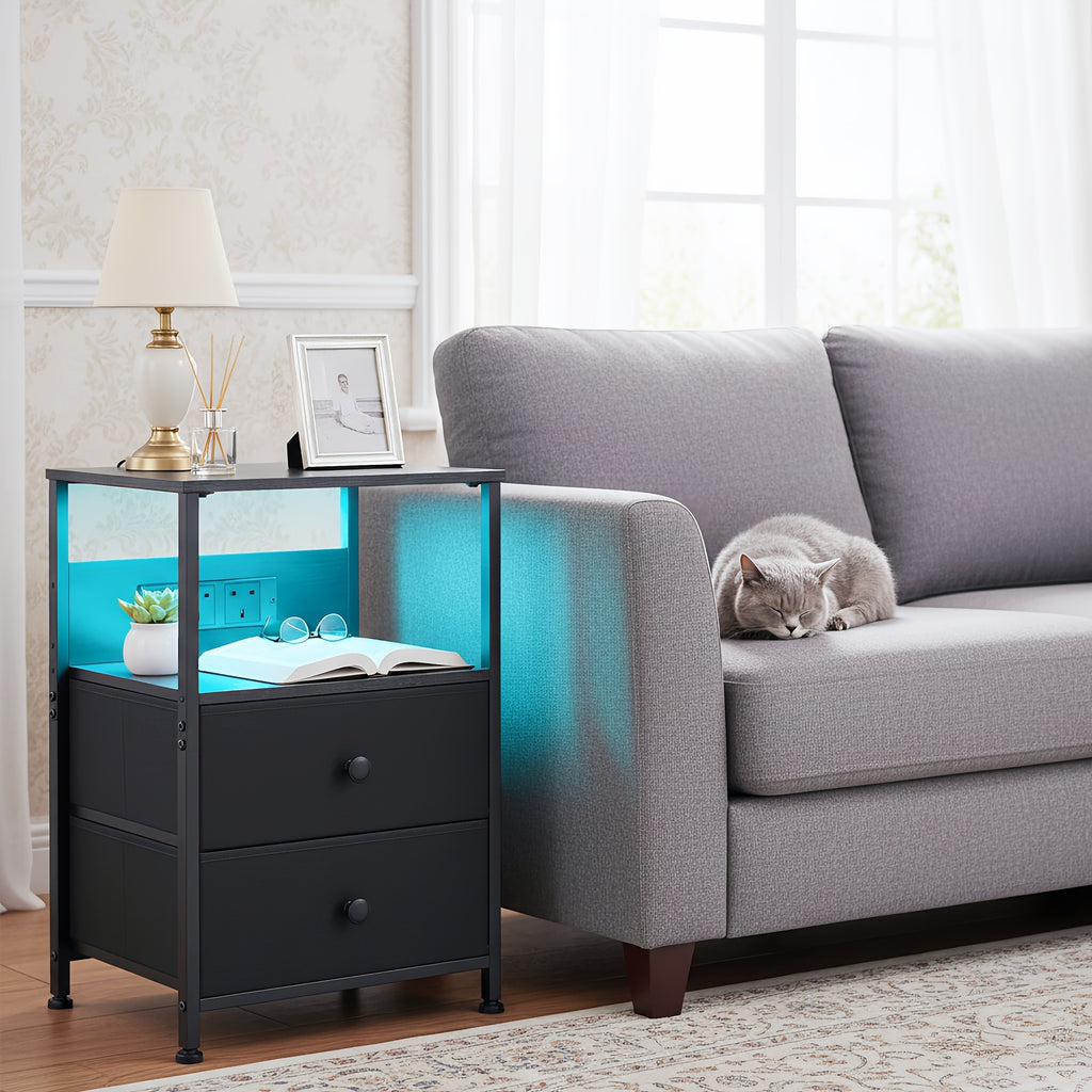 Bedside Table with Easy Assembly, Wood, LED Lighting Charging Station, Fabric Drawers - product gallery image 6