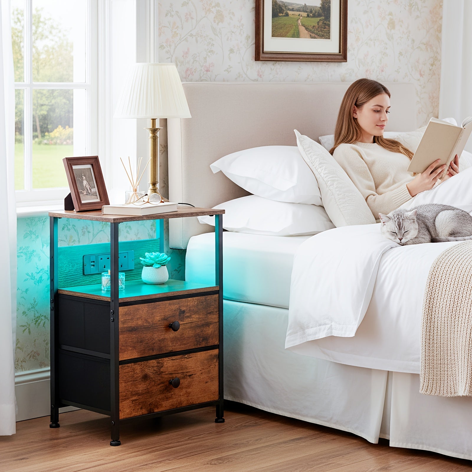 Bedside Table with Easy Assembly, Wood, LED Lighting Charging Station, Fabric Drawers