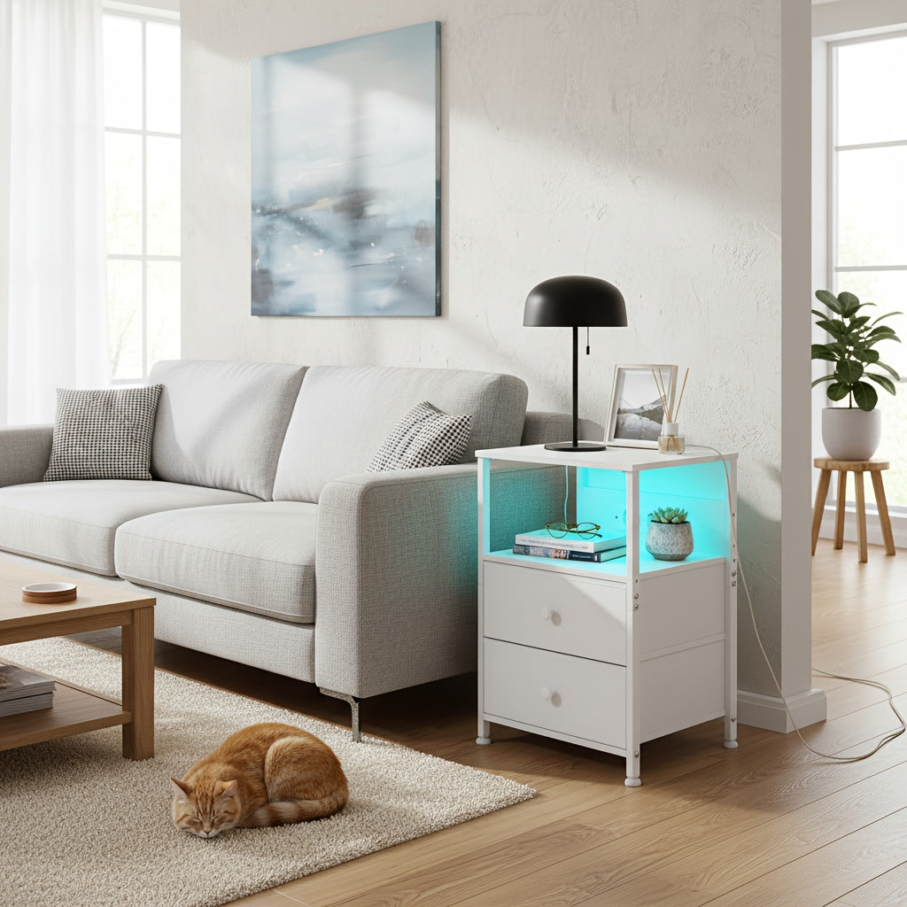 Bedside Table with Easy Assembly, Wood, LED Lighting Charging Station, Fabric Drawers - White-1pcs option