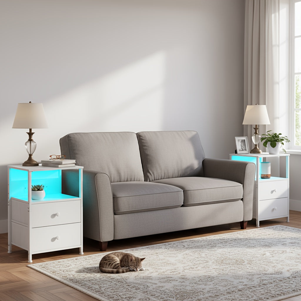 Bedside Table with Easy Assembly, Wood, LED Lighting Charging Station, Fabric Drawers - White-2pcs option
