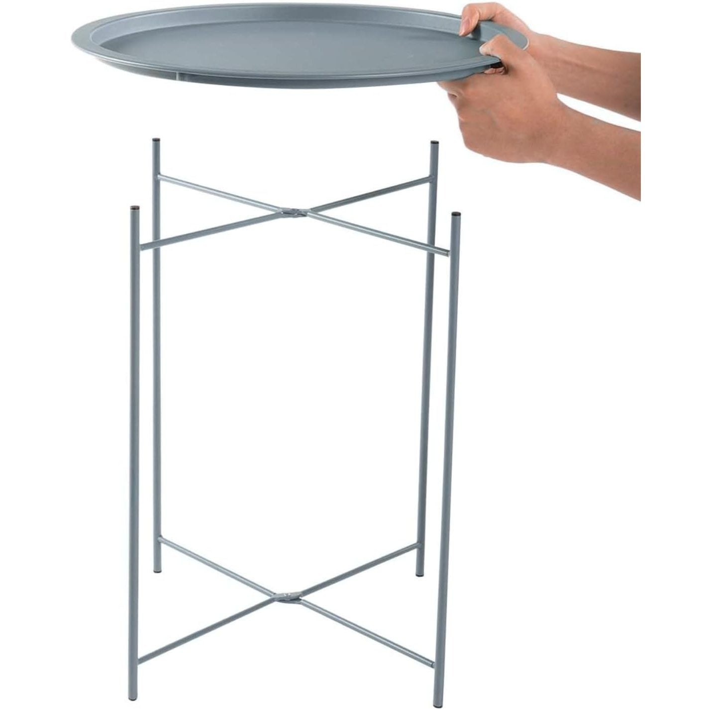 Bedside Table with Foldable, Non-Slip, Metal, Round Metal Folding Side Removable Tray - Grey Steel Corner Table option