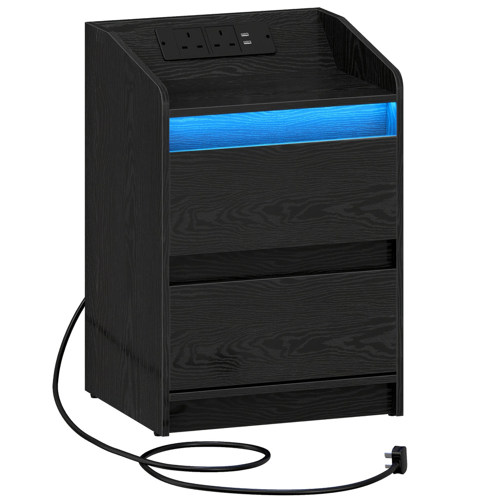 Bedside Table with LED Lights Charging Station Drawer Nightstand - Black option